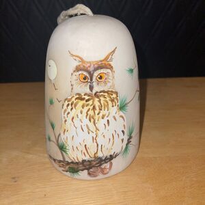 Hand Painted Ceramic Bell Owl Pine Tree Moon Rustic Home Decor Signed Stefano